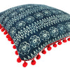 Image of Indigo Batik Cotton Cushion with Flower Motif and Red Pom Poms - Handmade Hmong Fabric