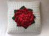 Image of White crochet cushion with blooming flower, 18" flower pillow, insert included, home decor