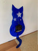 Image of Wall clock with original design of a cat with stars blue silver numbers and white arms kids bedroom home decoration