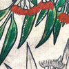 Image of Designer art cushion, linen cotton canvas fabric, red green grey flowers, Australian gum leaves