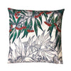 Image of Designer art cushion, linen cotton canvas fabric, red green grey flowers, Australian gum leaves
