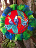 Image of Bird cushion, red cushion, round cushion, toucan cushion, boho cushion, feather cushion, tropical cushion, tropical decor, bird decor