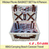 Image of Wicker Picnic BASKET SET for 4 Person, BBQ Camping Beach Caravan Travel