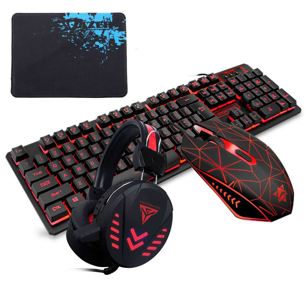 104Key Waterproof design USB Wired Multimedia RGB Backlit Mechanical Gaming Keyboard and LED Gaming Headphone and 3200DPI LED Gaming Mouse Sets with Mouse Pad