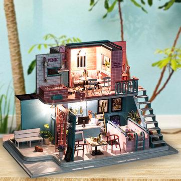 Handmade 3D Wooden Miniatures Doll House Pink Cafe Dollhouse Furniture Diy Miniature Toys for Girls Birthday Gifts
