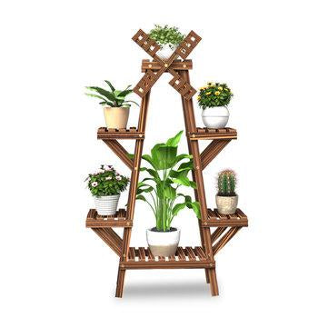 Wooden Plant Stand Windmill-shape Flower Pots Organizer Shelf Display Rack Holder Bookshelf for Indoor Outdoor Patio Garden Corner Balcony Living Room