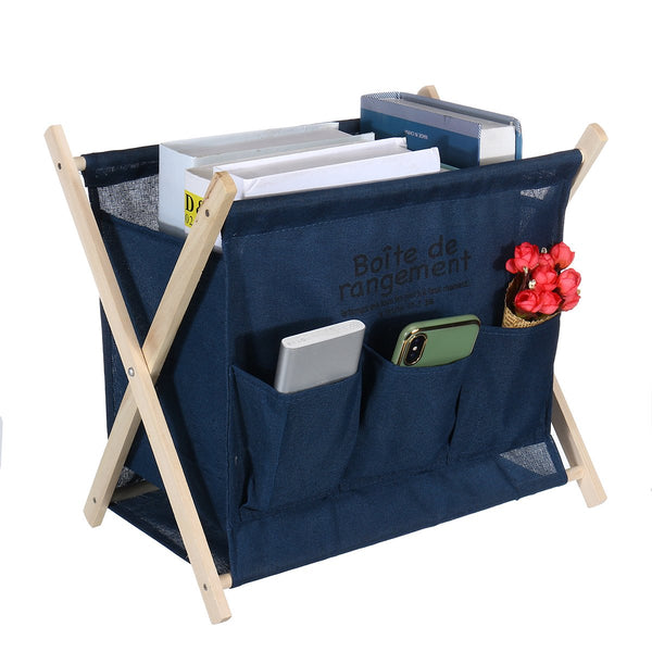 Wooden Foldable Large Capacity Desktop Storage Basket Portable Magazine Newspaper Rack With Side Pockets