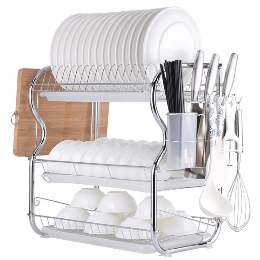 3 Tier Chrome Dish Drying Rack Drainer Cutlery Cups Holder Drip Kitchen Storage Arrangement for Dishes