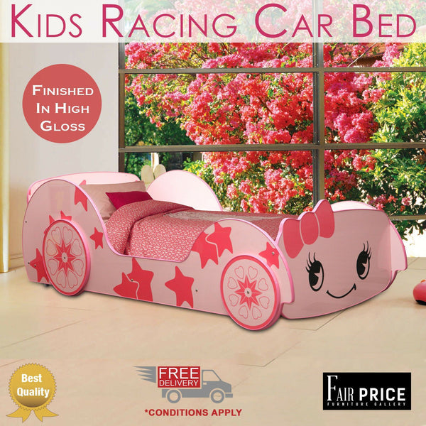 New Kids Racing Car Bed Single Size, Pink Color, Children Bedroom Furniture