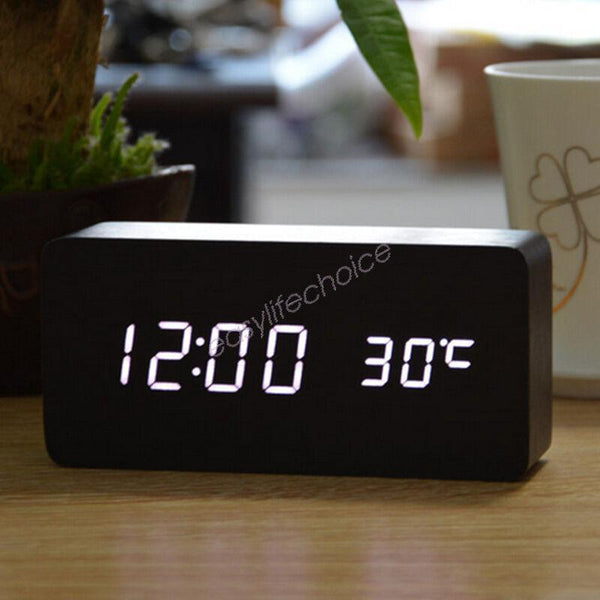 4 color Wood Sound Control Clock Digital LED Temperature Alarm Modern Home Decor