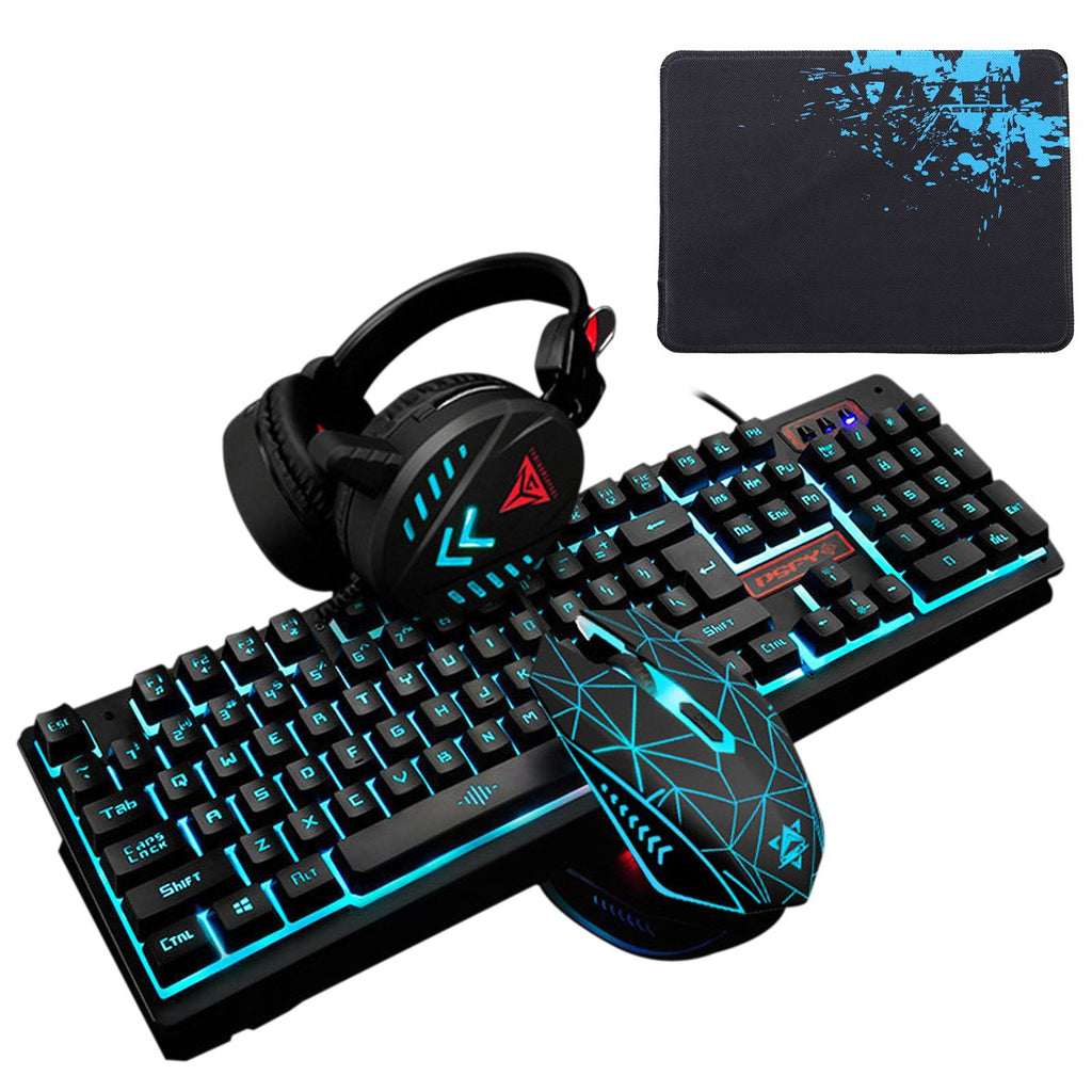 104Key Waterproof design USB Wired Multimedia RGB Backlit Mechanical Gaming Keyboard and LED Gaming Headphone and 3200DPI LED Gaming Mouse Sets with Mouse Pad