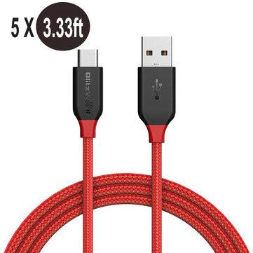 [5 Pack] BlitzWolf® AmpCore BW-TC5 3A USB Type-C Braided Charging Data Cable 3.33ft/1m With Cable Collector - Red