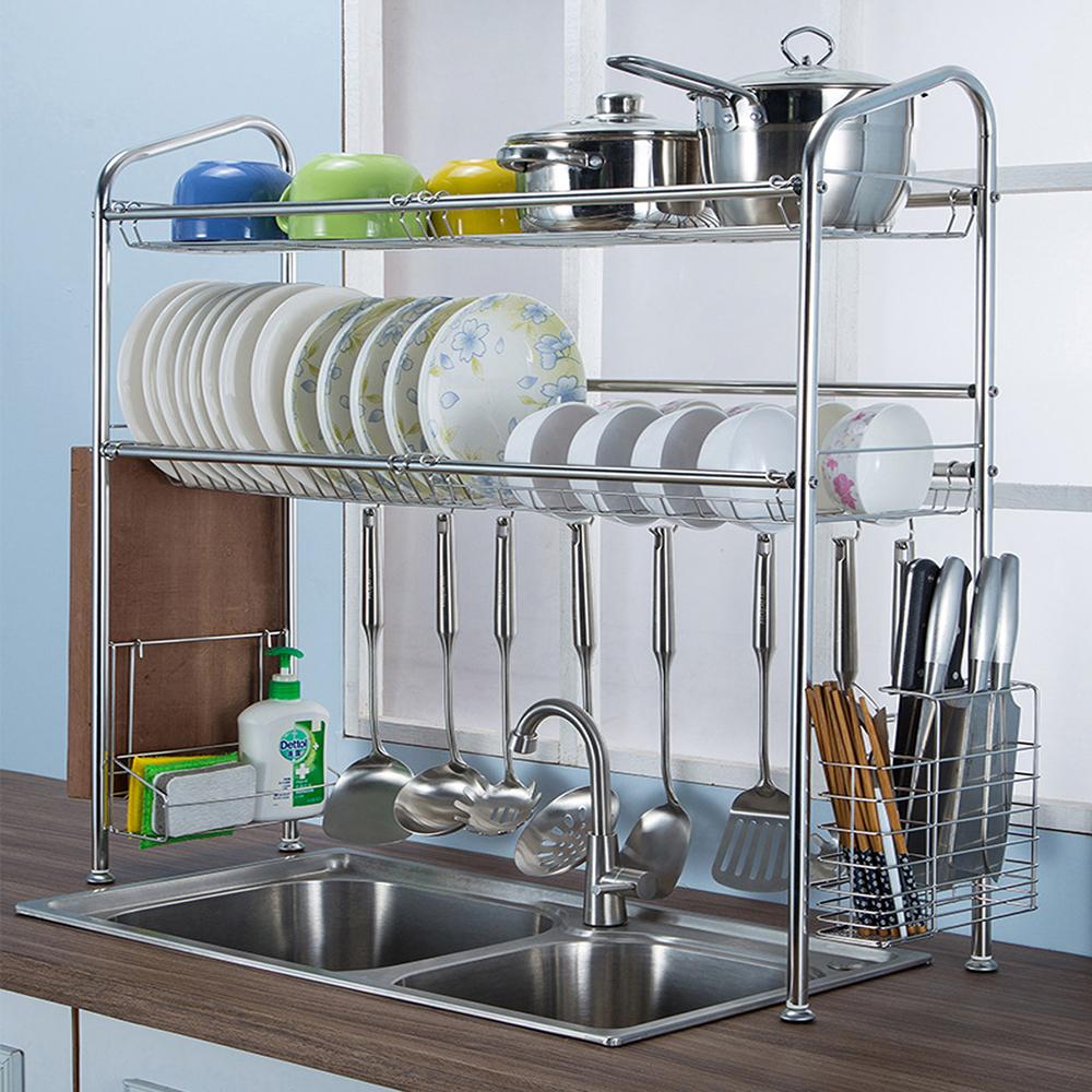 1/2 Layer Tier Stainless Steel Dish Drainer Cutlery Holder Rack Drip Tray Kitchen Tool For Single Sink