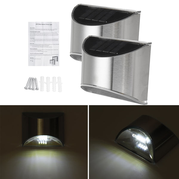 2pcs Waterproof Stainless Steel Solar Wall Lights Outdoor Fence Post Step Lights