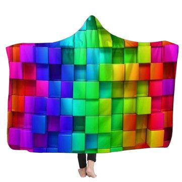 Warm 3D Colored Cubes Hooded Blankets Wearable Soft Towel Plush Mat For Adult Kid