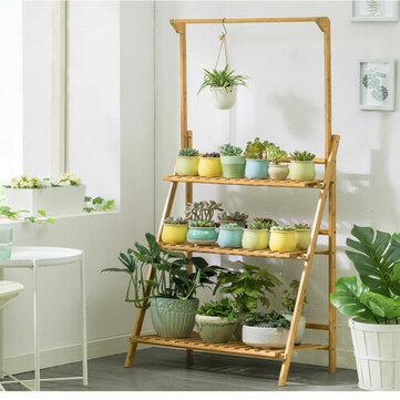 Bamboo Hanging Plant Stand Shelves Flower Pot Storage Organizer Rack
