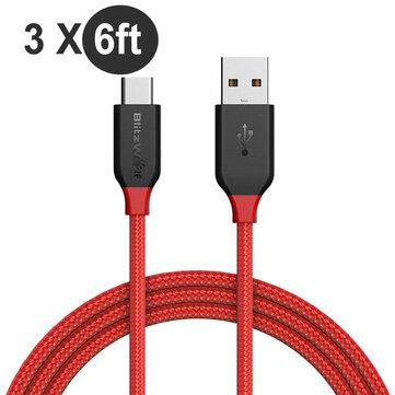 [3 Pack] BlitzWolf® BW-TC6 Data Cable 3A USB Type-C Braided Fast Charging 6ft/1.8m With Nylon Patch Tape Strap For Huawei P30 P40 Pro S20 S20+