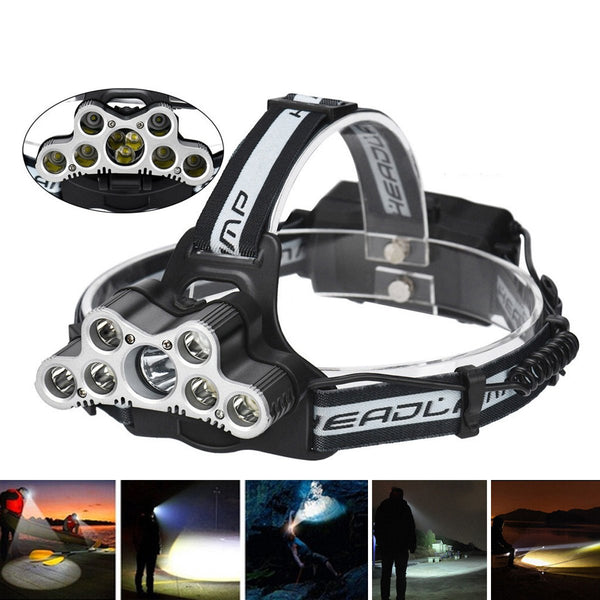 ELFELAND 6-Modes 7xT6+2xQ5 LED Head Lamp USB Rechargeable Camping Head Torch With SOS Whistle Function