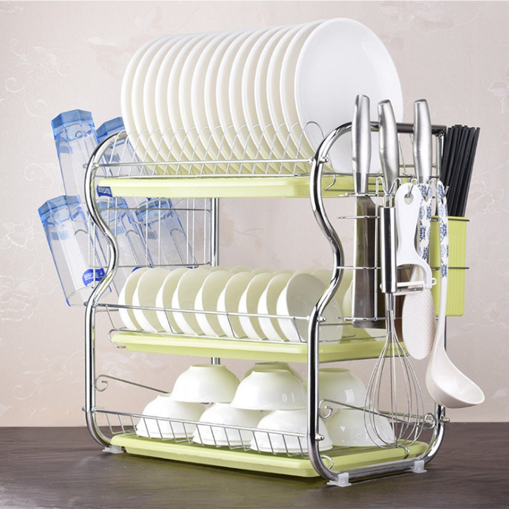 3 Tier Chrome Dish Drying Rack Drainer Cutlery Cups Holder Drip Kitchen Storage Arrangement for Dishes