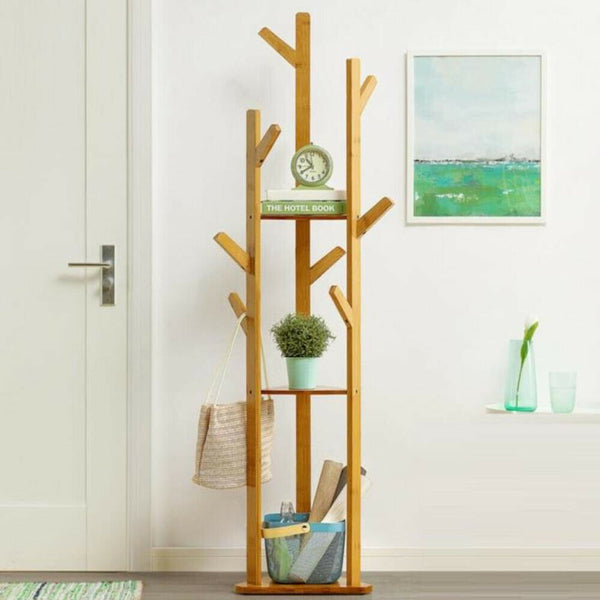 Bamboo Clothes Coat Hat Rack Tree Stand Shelf Wooden Hanger Organizer 3 Layer 8 Hooks