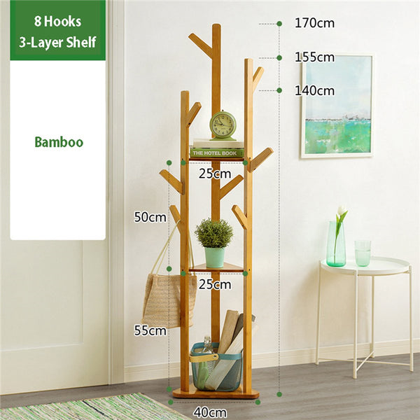 Bamboo Clothes Coat Hat Rack Tree Stand Shelf Wooden Hanger Organizer 3 Layer 8 Hooks