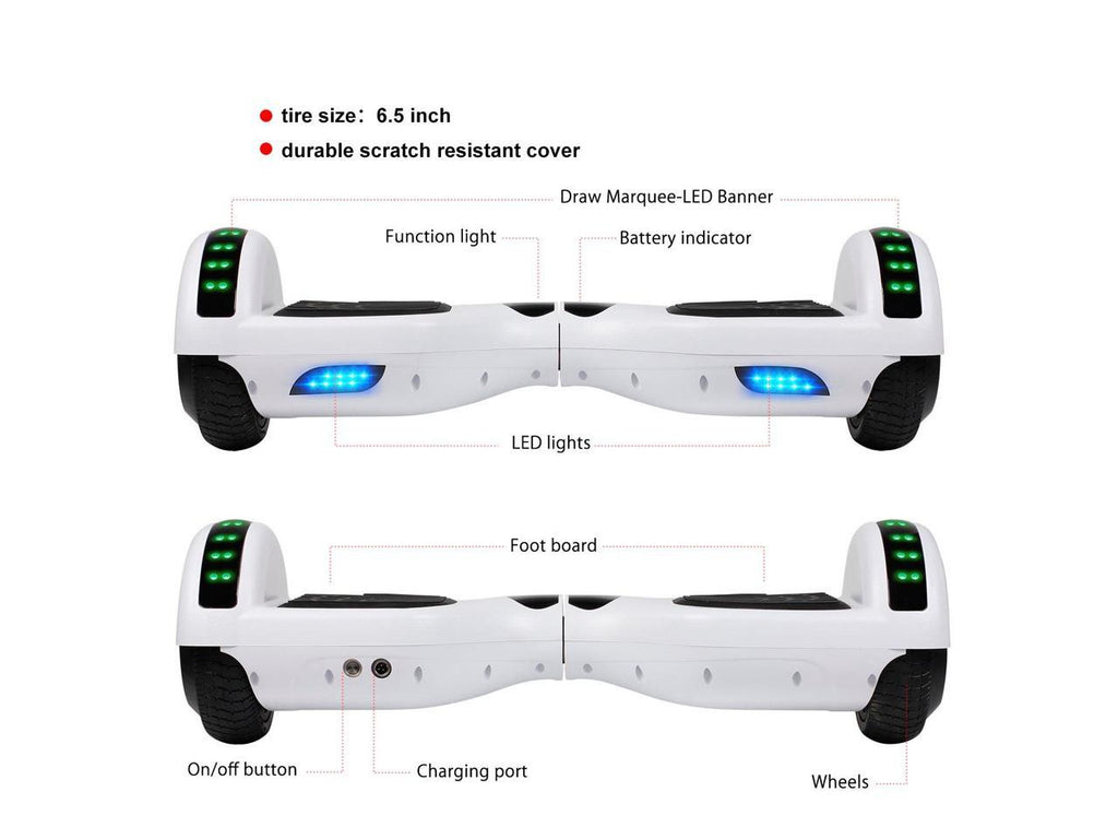 Hoverboard Electric Scooter 6.5 inch – White + LED lights [Free Carry Bag & Bluetooth]