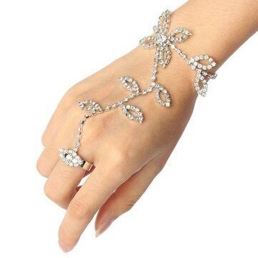 Silver Plated Leaves Rhinestone Ring Bracelet Crystal Metal Chain