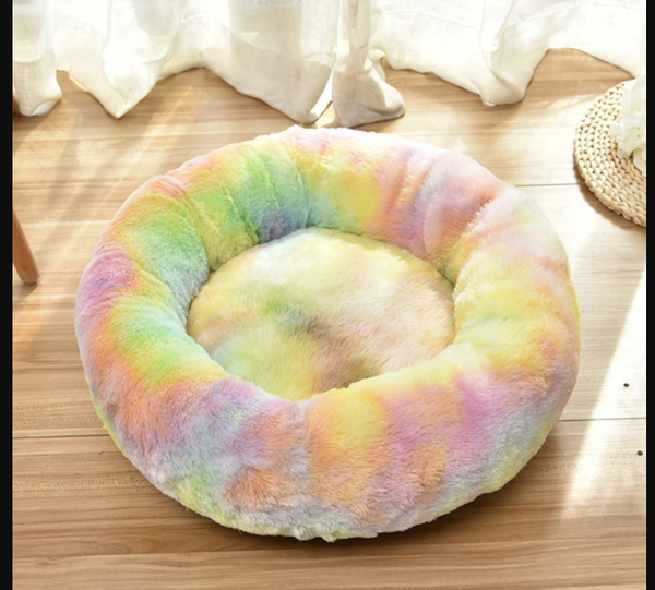 Pet Dog Cat Calming Bed Round Nest Warm Soft Plush Sleeping Bed Donut Cushion - M Rainbow