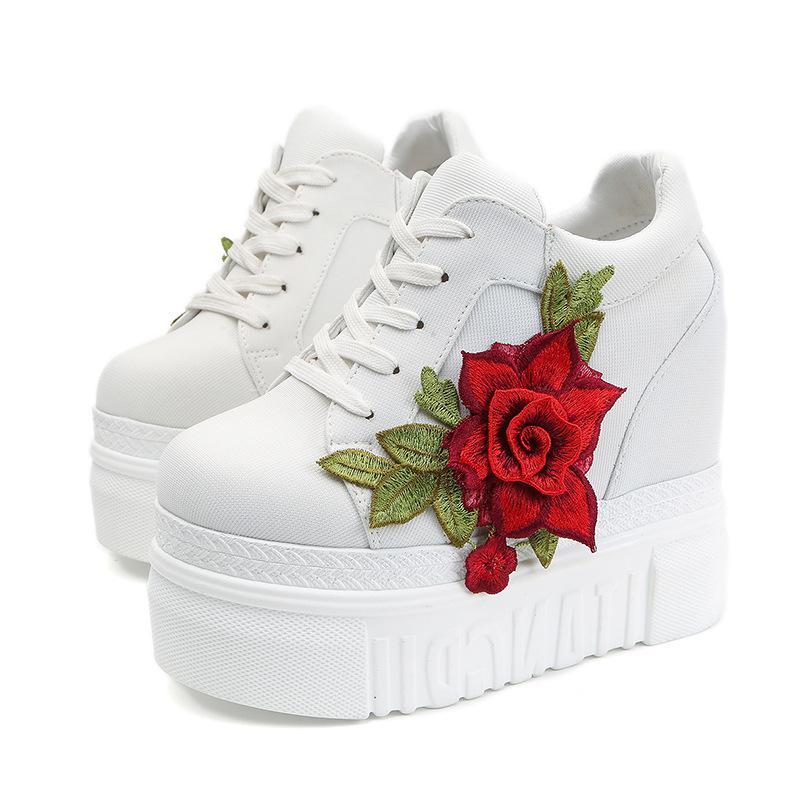 Fashion Women Shoes Female Embroidered Rose Climbing Shoes Ladies 12cm High Heels Thick Bottom Shoes