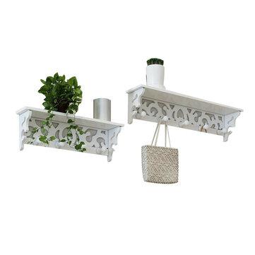 2Pcs Wall Rack Set White PVC Hollowed Curved Design 4&5 Hook Wall Installing Rack Home Decoration Shelf