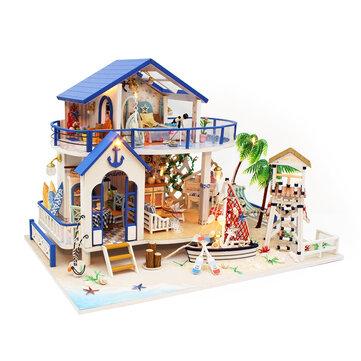 DIY Blue Sea Style Doll House with Music Movement And Furniture Indoor Toys
