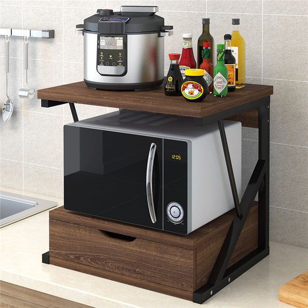 2-Tiers Kitchen Microwave Oven Rack with Drawer Home Storage Shelf Rack Kitchen Desktop Counter Shelf Organizer Tableware Space Saver