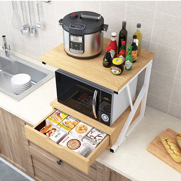 2-Tiers Kitchen Microwave Oven Rack with Drawer Home Storage Shelf Rack Kitchen Desktop Counter Shelf Organizer Tableware Space Saver