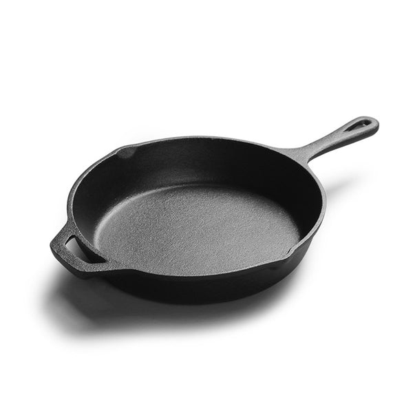 12 Cast Iron Frying Pan No-Coating Saucepan Skillet Kitchen Home Cooking Tool With Wood Base