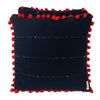 Image of Indigo Batik Cotton Cushion with Flower Motif and Red Pom Poms - Handmade Hmong Fabric