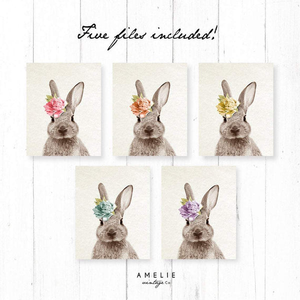 Bunny Rabbit Print, Nursery Printable Wall Art, Woodland Decor, Nursery Animal Poster, Watercolour Flower, Digital Download, Woodland Bunny
