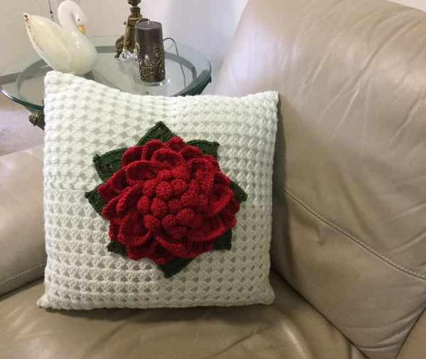 White crochet cushion with blooming flower, 18" flower pillow, insert included, home decor