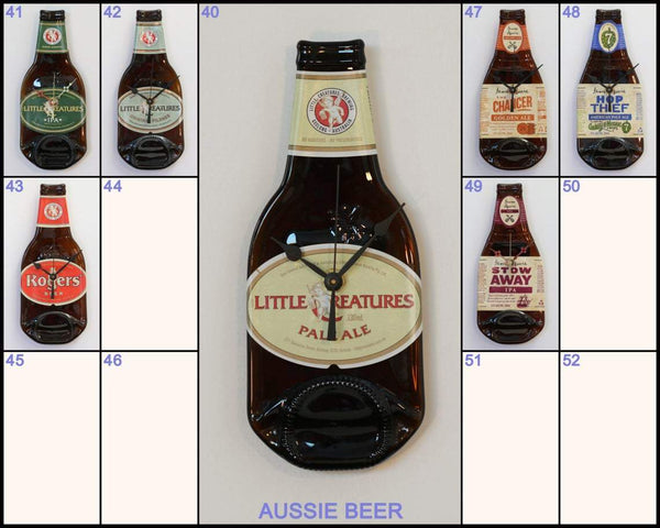 Bottle Clock Australian beer - Kiln flattened beer bottle with original label. Accurate, silent clock. Choose from extensive list.