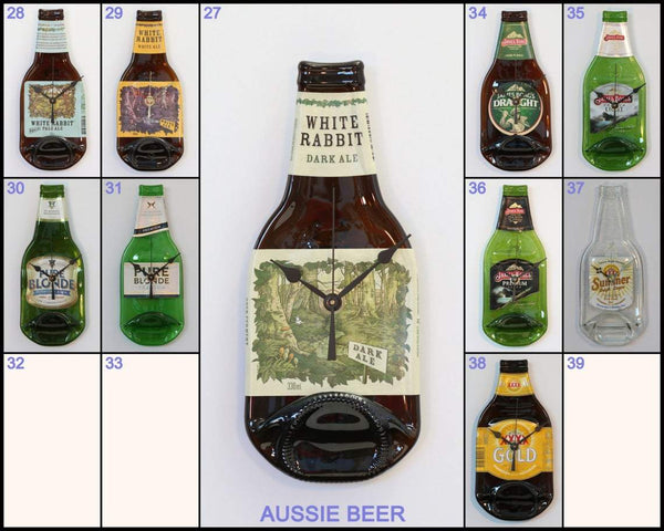Bottle Clock Australian beer - Kiln flattened beer bottle with original label. Accurate, silent clock. Choose from extensive list.