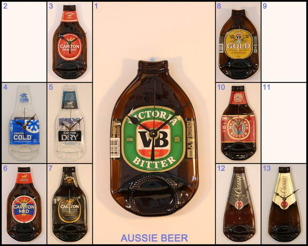 Bottle Clock Australian beer - Kiln flattened beer bottle with original label. Accurate, silent clock. Choose from extensive list.