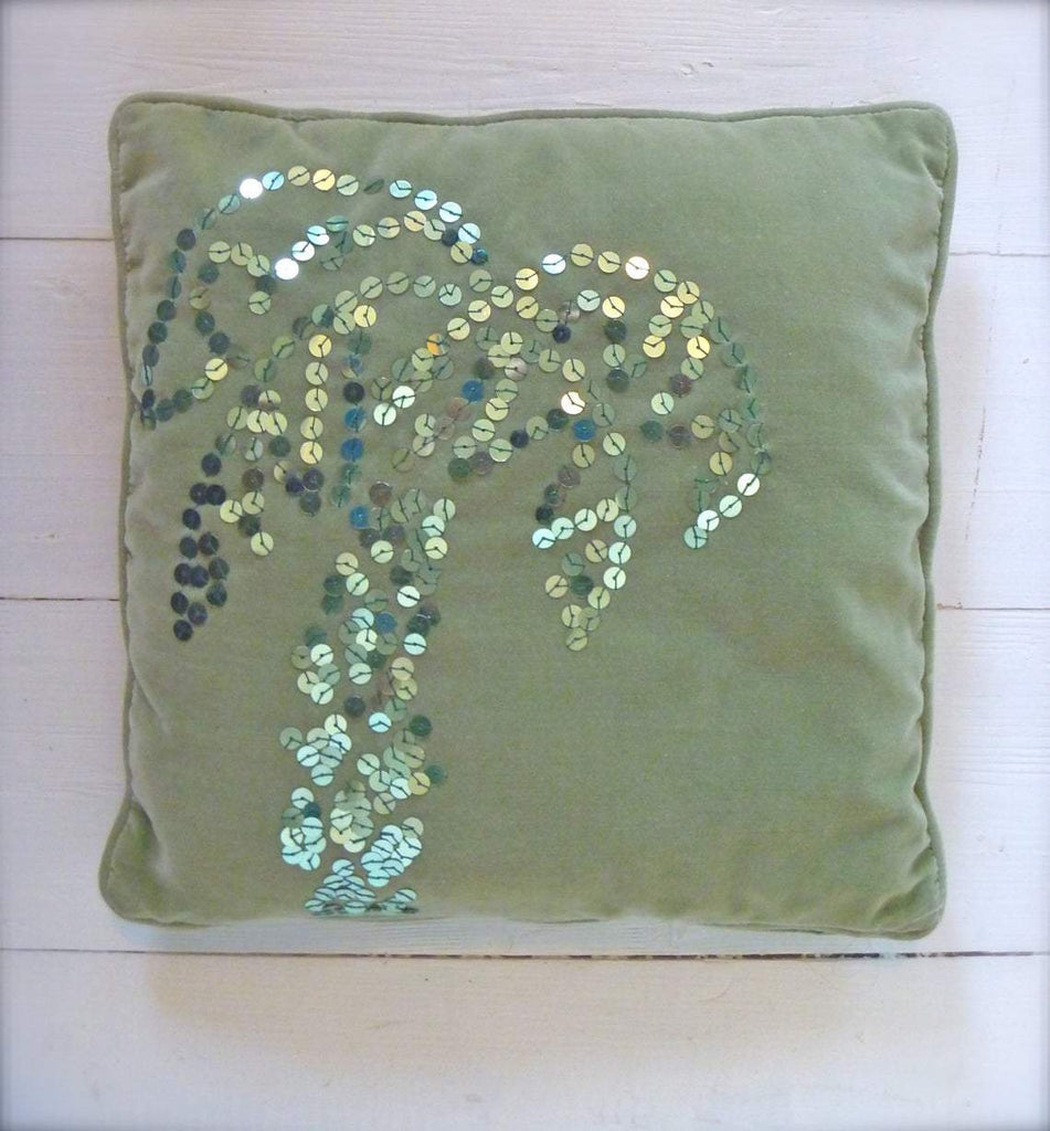 Palm Cushion. Jungle love vintage green velvet cushion, hand embroidered sparkle sequin palm. 35x35cm cushion includes insert.