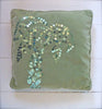 Image of Palm Cushion. Jungle love vintage green velvet cushion, hand embroidered sparkle sequin palm. 35x35cm cushion includes insert.