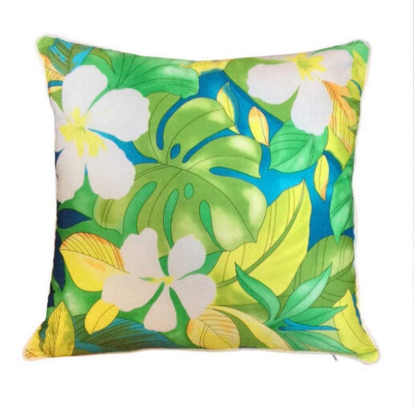 Tropical Cushion of Sunshine Yellow Tropical Fabric with White Piping Pillow Sham Island Polynesian Coastal Beach Hawaiian