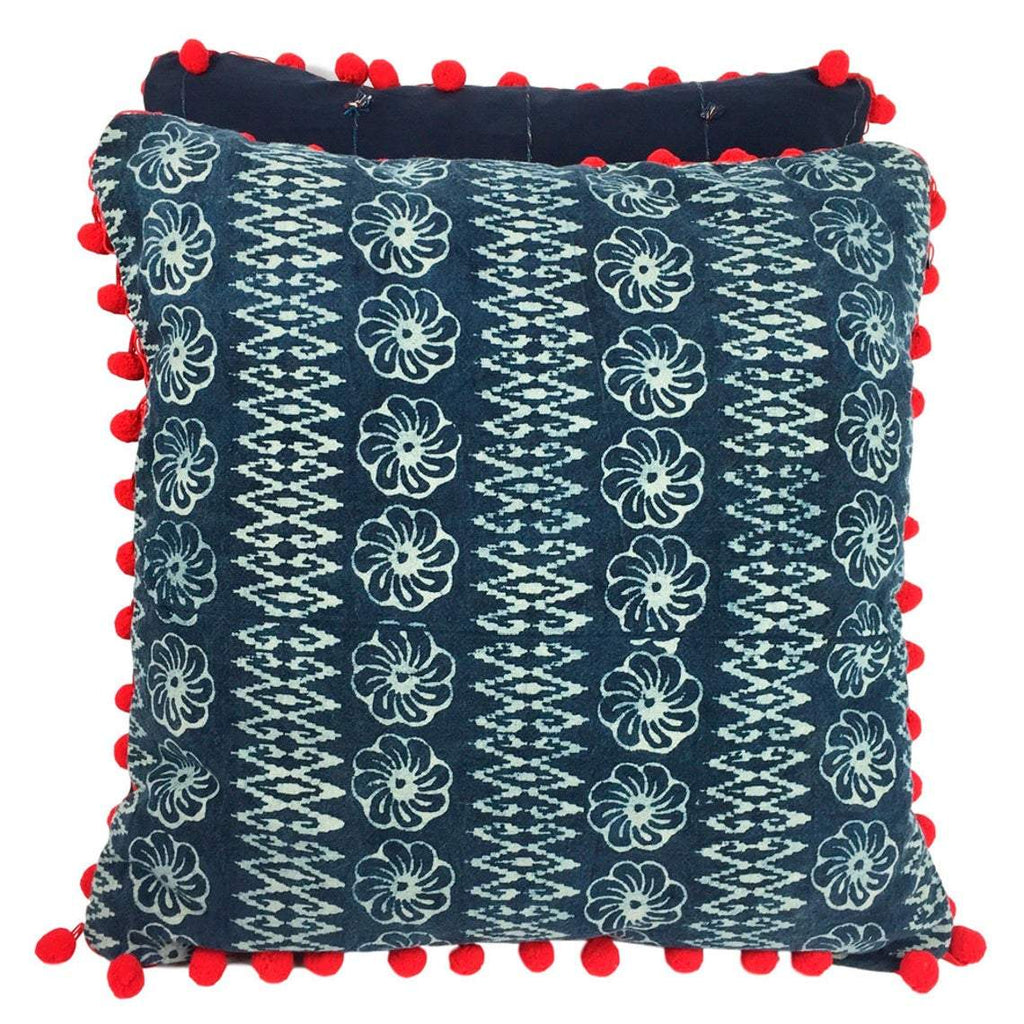 Indigo Batik Cotton Cushion with Flower Motif and Red Pom Poms - Handmade Hmong Fabric