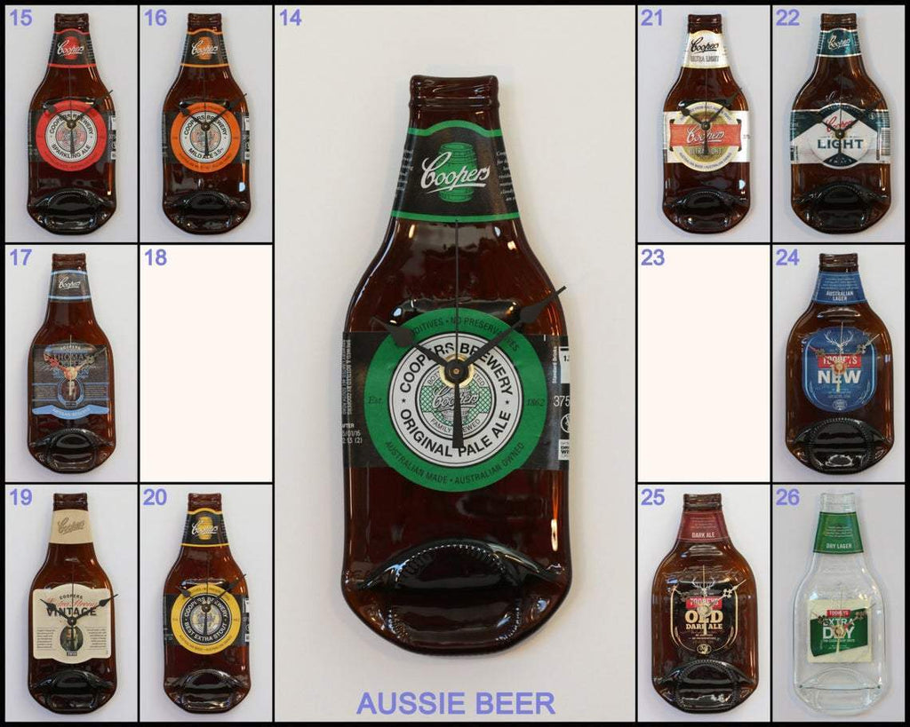 Bottle Clock Australian beer - Kiln flattened beer bottle with original label. Accurate, silent clock. Choose from extensive list.