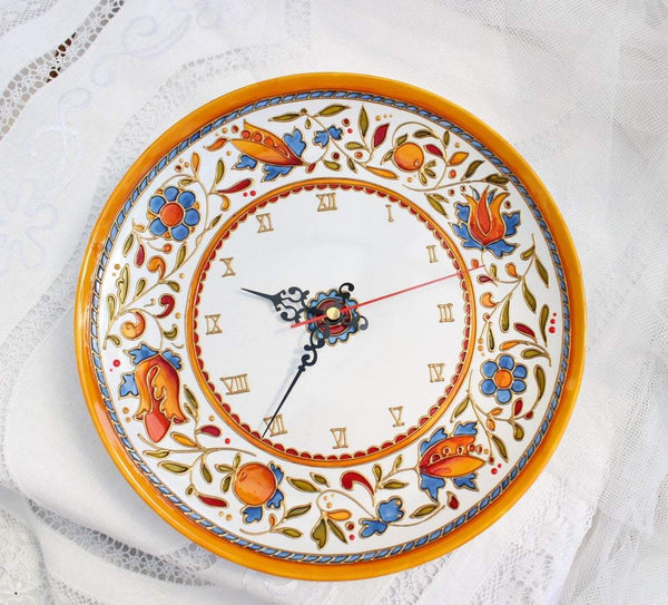 Wall clock decorative for kitchen - 27 cm - Ceramic plate wall clock Large orange clock Majolica Housewarming gift for women