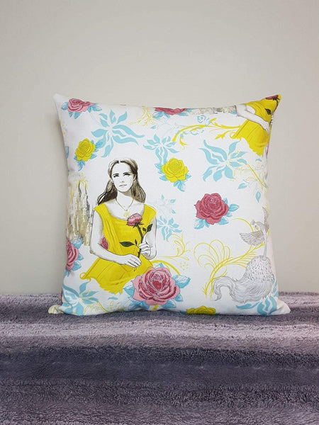 beauty and the beast fabric cushion cover, belle pillow, belle fabric, 18 inch pillow, beauty and the beast belle.