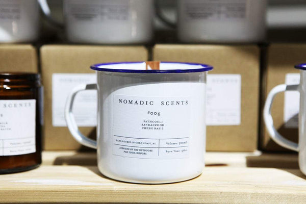 Nomadic Scents - #004 - Patchouli / Sandalwood / Fresh Basil - Hand Poured 100% Soy Wax Wood Wick Enamel Mug Candle - 60 hrs +