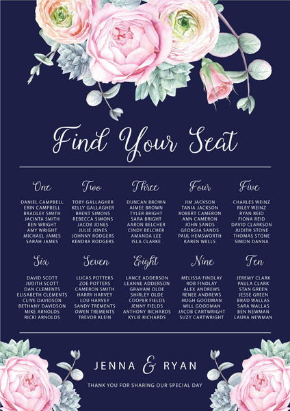 Floral Watercolour Pink Peony Wedding Seating Chart - Welcome Sign - Guest Arrangement - Printable / Digital File - NAVY Design