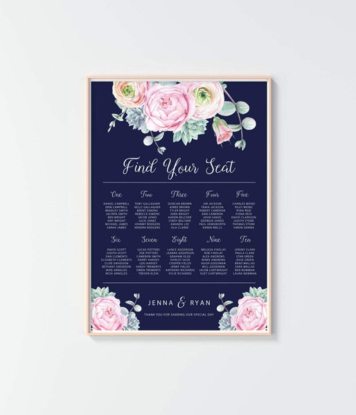 Floral Watercolour Pink Peony Wedding Seating Chart - Welcome Sign - Guest Arrangement - Printable / Digital File - NAVY Design